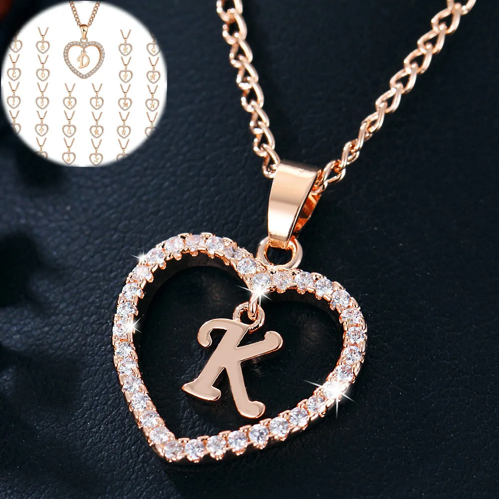 

26 Alphabet CZ Initial Letters Necklace Charm Heart Collars Girls Gift Rose Gold Plated Love Necklaces Gifts