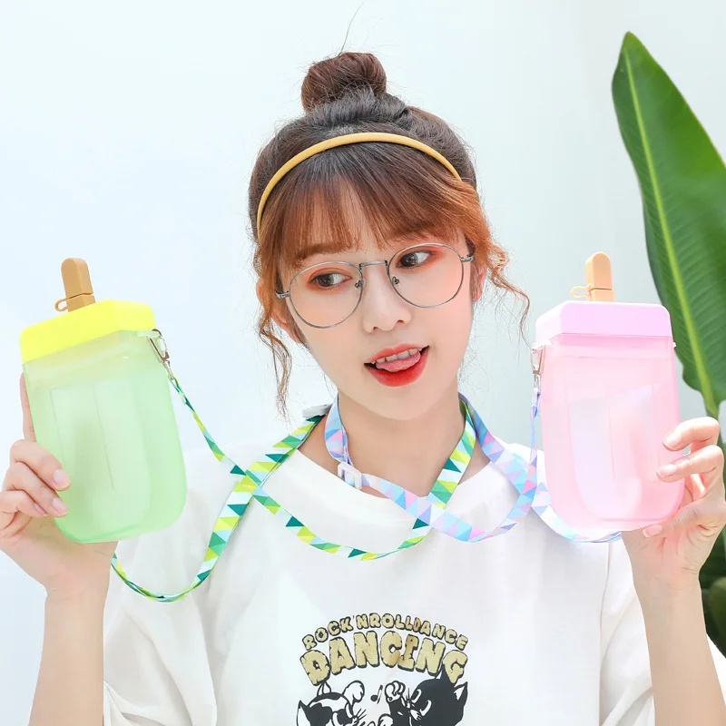 

New 2021 summer outdoor frosted empty blank juice cups kids cute creative ice cream plastic water bottle with straw and rope, As is or customized