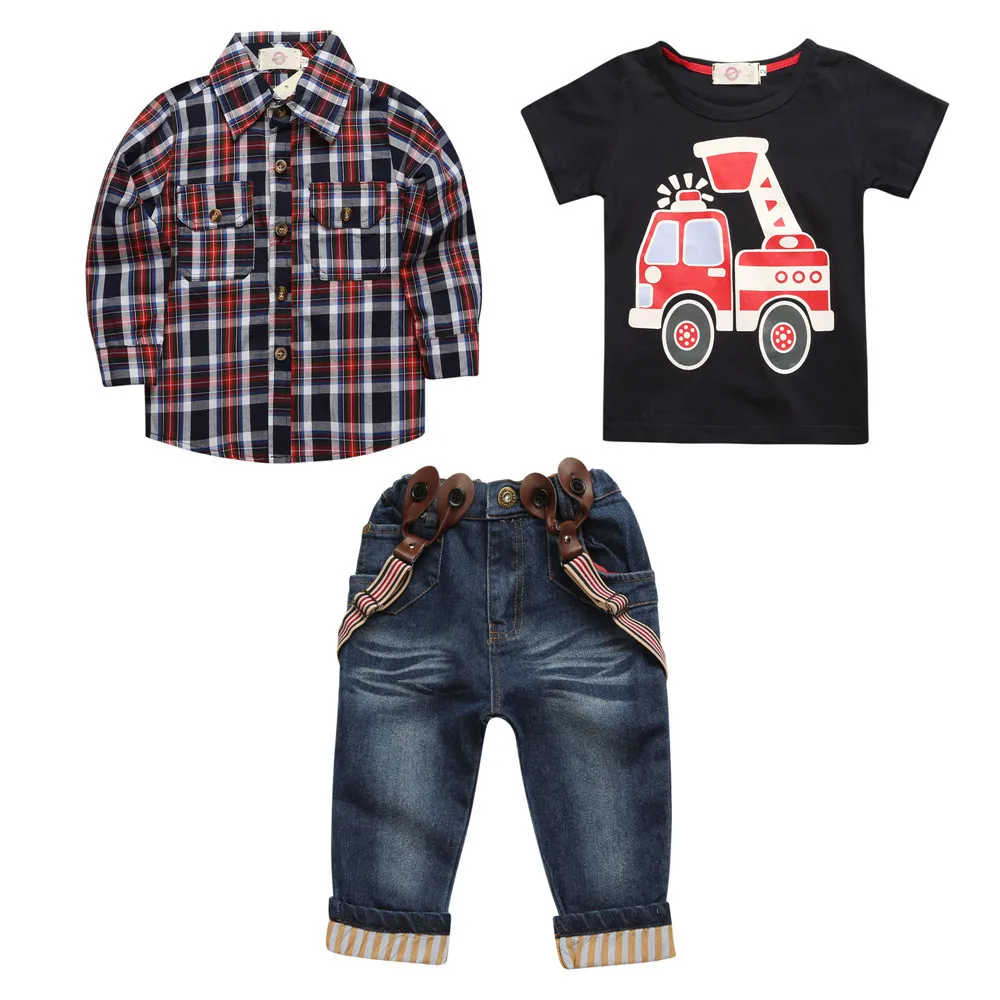 

Wholesale Factory Kids Fashion Cartoon Design T shirt plaid shirt jeans 3 pieces set kids casual summer boys clothing set, Picture shows