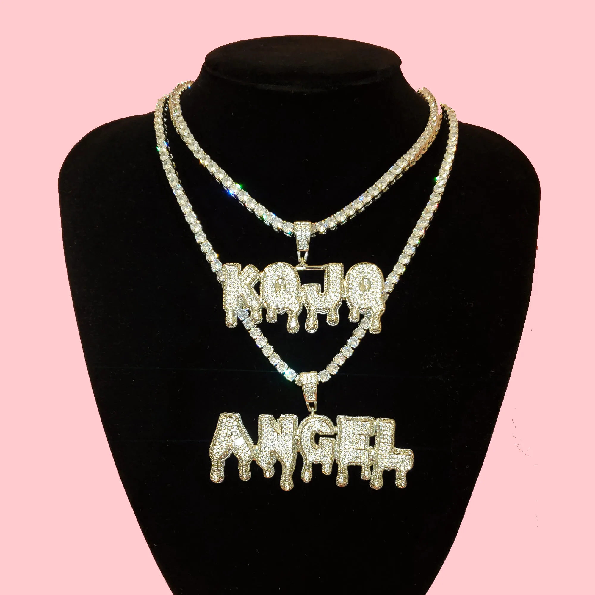 

CUSTOM Necklace Iced Out Drip Letters Initial Necklace Bling Bling Hip Hop Jewelry Personalized Nameplate with Icy Tennis Chain