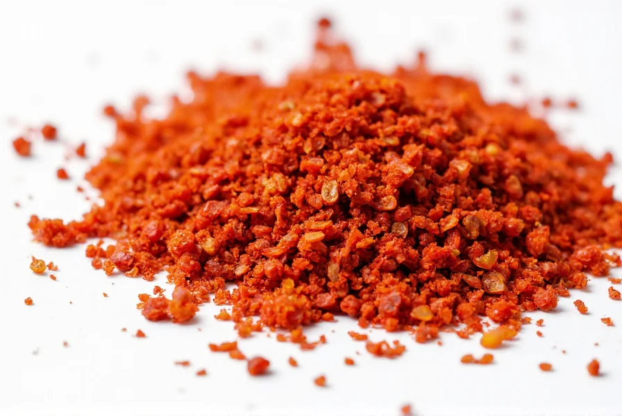 Close-up view of red crushed pepper showing coarse texture with visible seed and skin fragments on white background