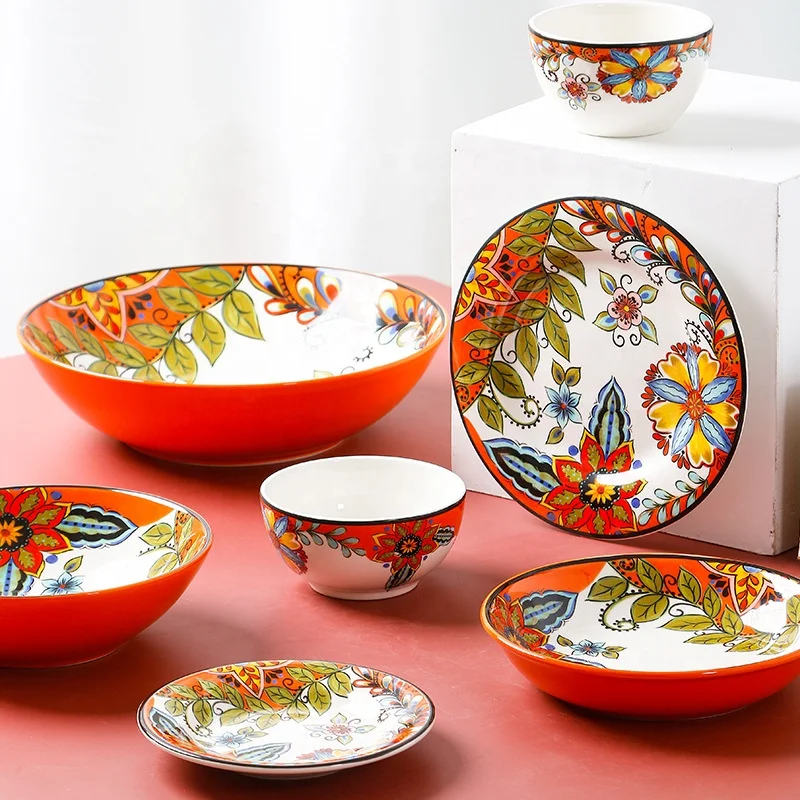 

New Arrival European ceramic tableware hand painted flat dish dish deep dish household rice bowl soup bowl dinnerware set, As shown