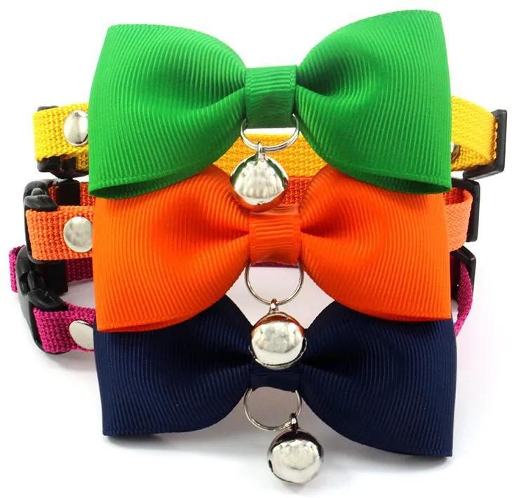 

Hot selling factory direct colorful polyester bowknot adjustable cute pet dog cat collar copper bell, As pictures