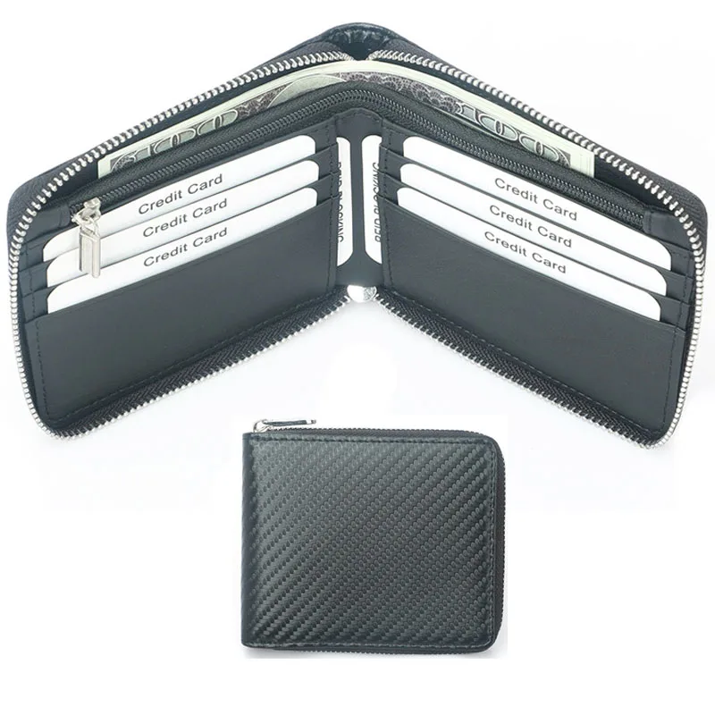 

OEM dompet pria Carbon fiber grain-microfiber black RFID luxury customized logo purse 2021 money purses wollet men wallets