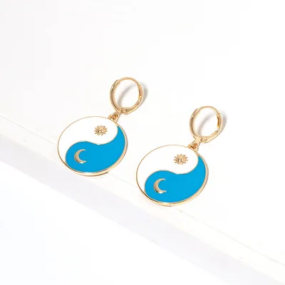 

Statement Gold Plated Double Colors Circle Star Moon Huggie Earring For Gift