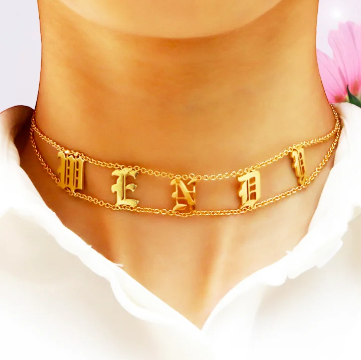 

jialin jewelry gold plated personalized custom stainless steel old English font custom name letter necklace choker