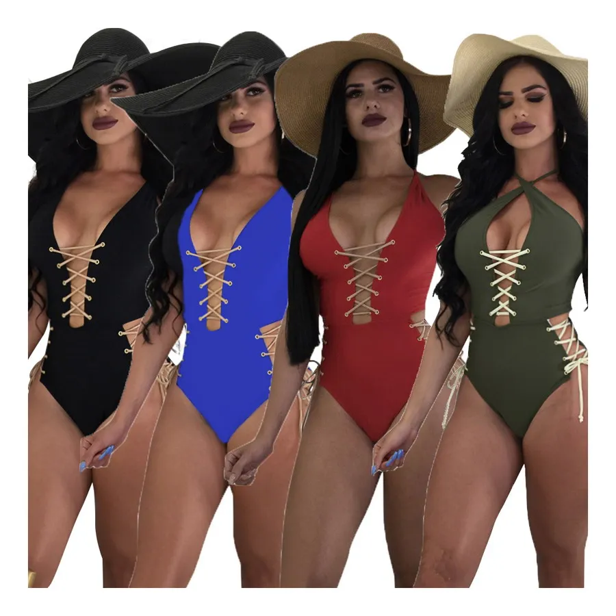 

Foma Clothing B9079 summer 2021 fashion sexy women strap one piece swimsuit beach girls lace-up jumpsuit bodysuits, 4 colors