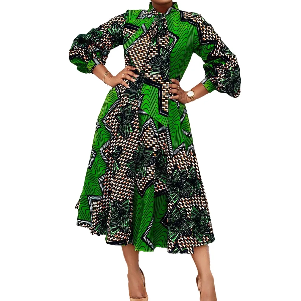 

7012 kuwii Printed Bandage Swing Skirt Three Quarter Sleeve African Kitenge Dress Designs Plus Size Womens Dresses, As picture shows