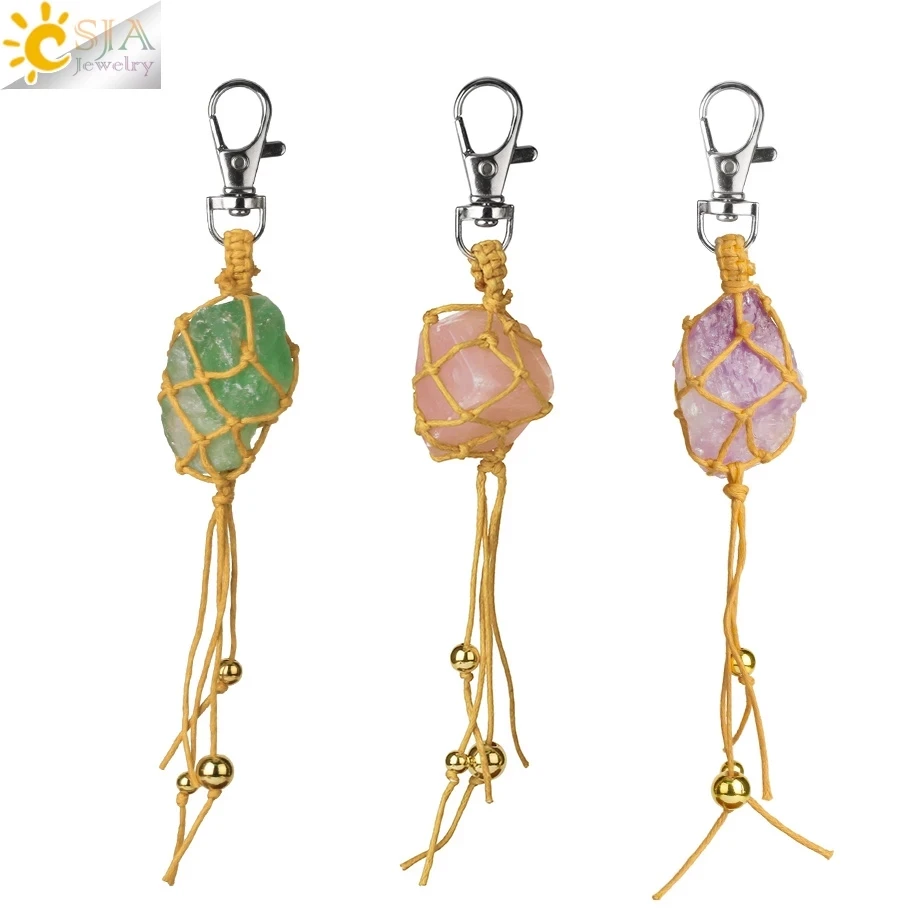 

CSJA wholesale natural rough gemstone llavero keychain handmade irregular wrap stone healing energy yoga key ring G809