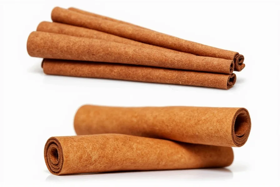 Two types of cinnamon sticks side by side: Ceylon cinnamon with multiple thin layers and Cassia cinnamon with a single thick roll