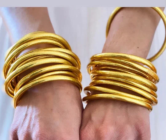 

2023 new styles chunky gold 18k women gold filled foil bouddhiste silicon bangles OFFICIAL BUDDHIST bracelet