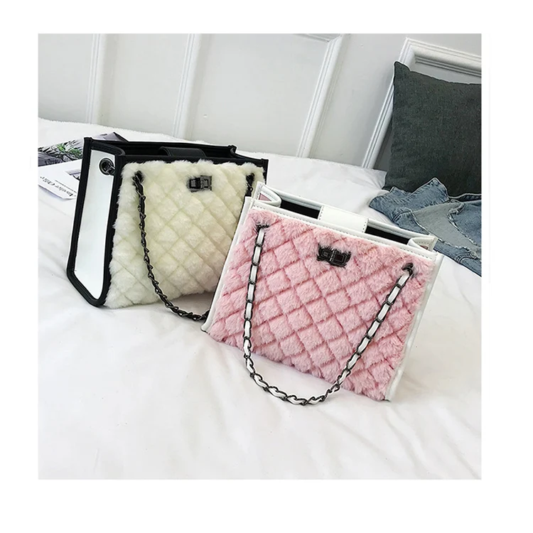 

New Women Large Capacity Tote Diamond Lattice Winter Faux Fur Chain Contrast Color Crossbody Plush Handbag Shopping Bag