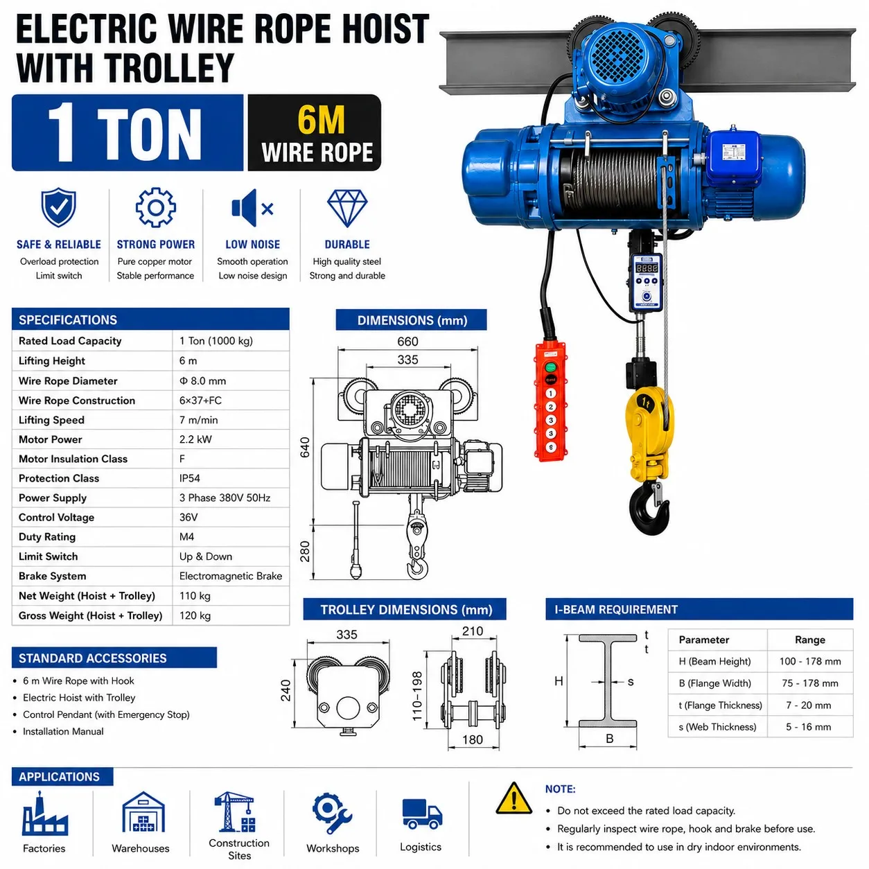 CD 1 ton wire rope electric hoist specification sheet