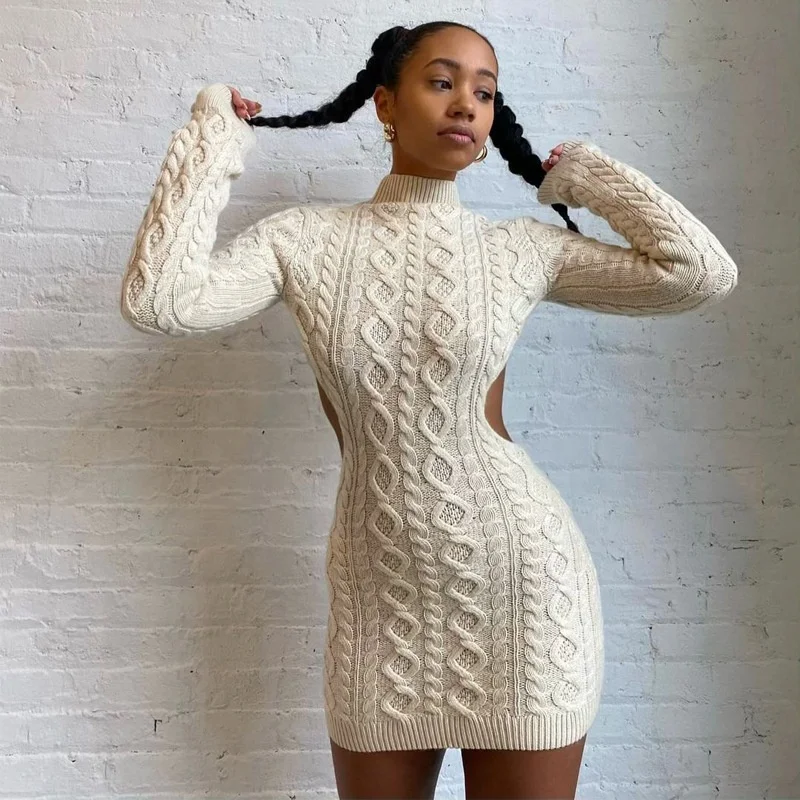 

Fashion autumn winter wear solid turtleneck long sleeve backless womens knit sweater dress