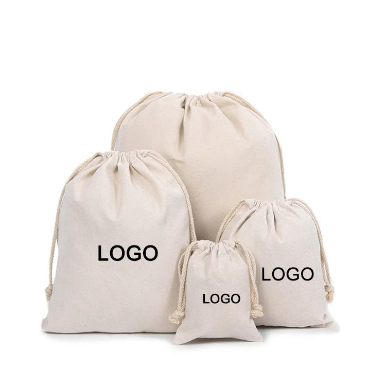 

Personalized custom logo printed small canvas pouch cotton jewelry drawstring bag with double string, Natural, black