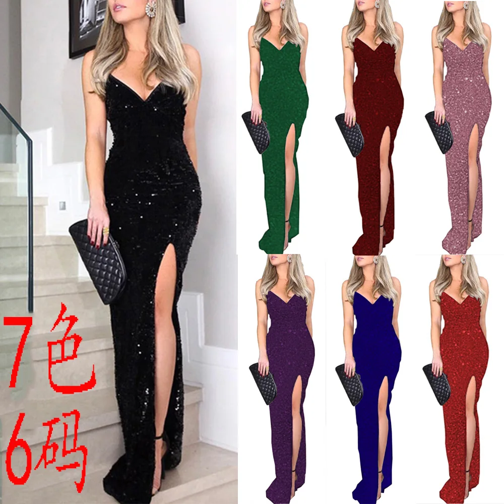 

Floor-length Casual dinner party adults sling spaghetti slip sequin high slit dress long evening dresses, Photo color