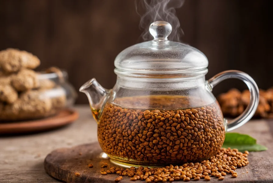 Close-up of roasted cumin seeds steeping in clear glass teapot with steam rising