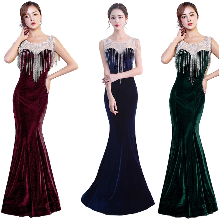 

Velvet Rhinestone High Flash Diamond Chain Tassel Women Banquet Long Slim Fit Elegant Fishtail Annual Meeting Evening Dress, Black,wine red,dark blue,green