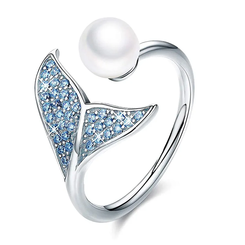 

Best Selling 925 Sterling Silver Blue Tail Cubic Zircon Pearl Open Ring Jewellery Gift For Women Girls