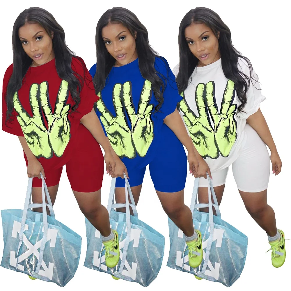 

Manufactured women outfits T-shirt with short pants solid color casual loose Two piece set, White/blue/red