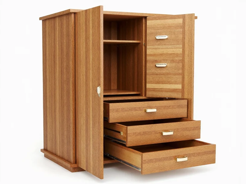 Custom craft armoire with labeled compartments and pull-out trays