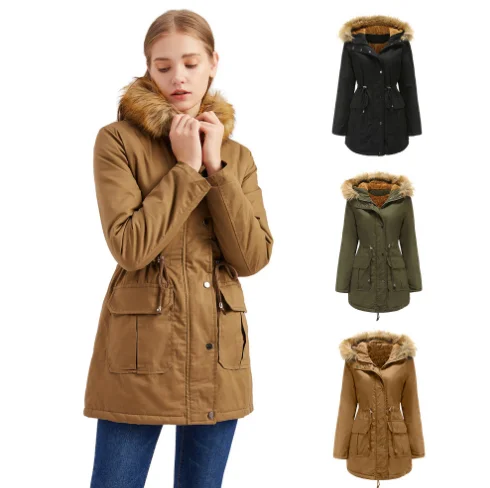 

4XL Women's tricolor cotton padded jacket with hood and fur collar, Picture color