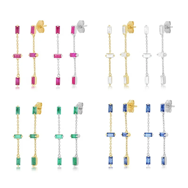

New Trendy 925 Sterling Silver Piercing Earrings Colorful Zircon Stone Long Chain Stud Earrings for Women