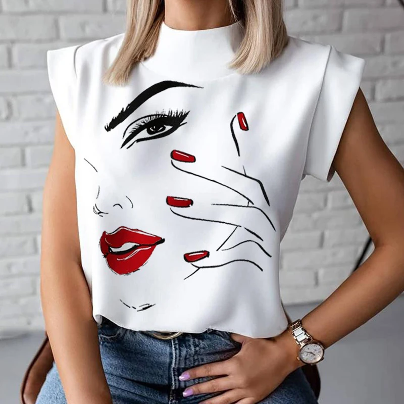 

Women's Elegant Lip Print Top Shirt 2020 Summer Casual Stand Collar Pullover Top Ladies Fashion Cute Eyes Short Sleeve, Pictures