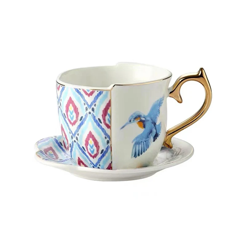 

Custom Logo 220ml 7oz Tasse De Cafe Capuchino Avec Emballage Ceramic Colorful Bird Decal Design Tea Coffee Cup And Saucer Set, White