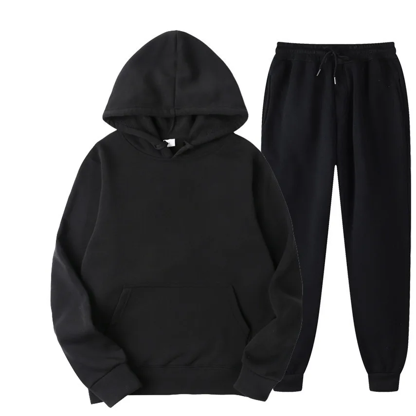 

2021 Hot Sale Autumn And Winter Men'S Solid Color Hooded Sweater Fashion Brand Hoodie Two Piece Pants Set Men, Picture