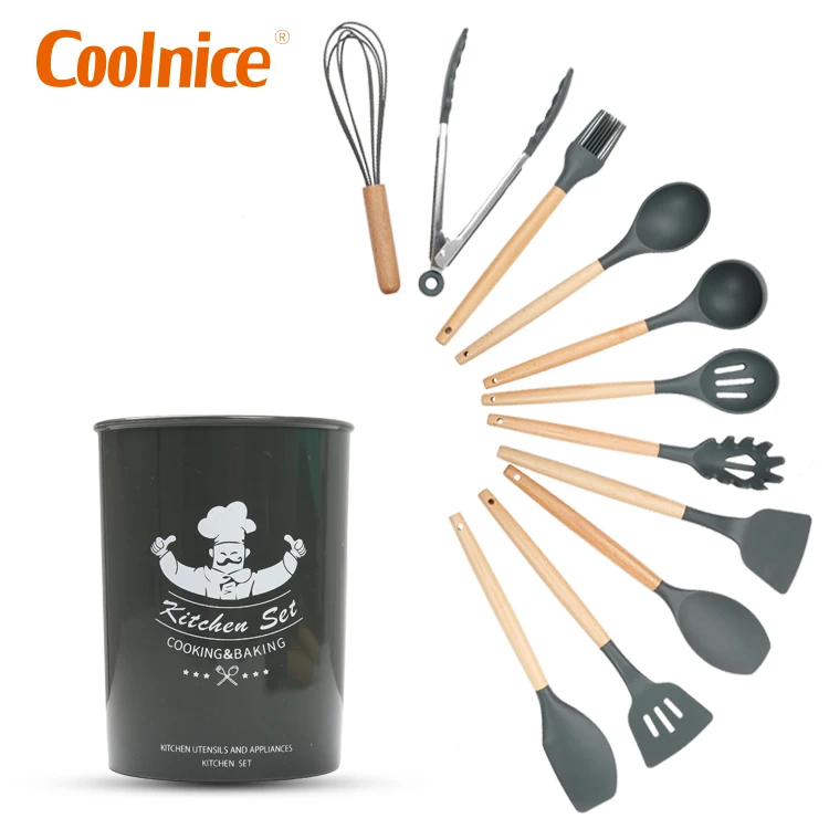 

2020 trending cooking tools 12pcs beech wood stainless steel silicone cooking utensils kitchen utensil set