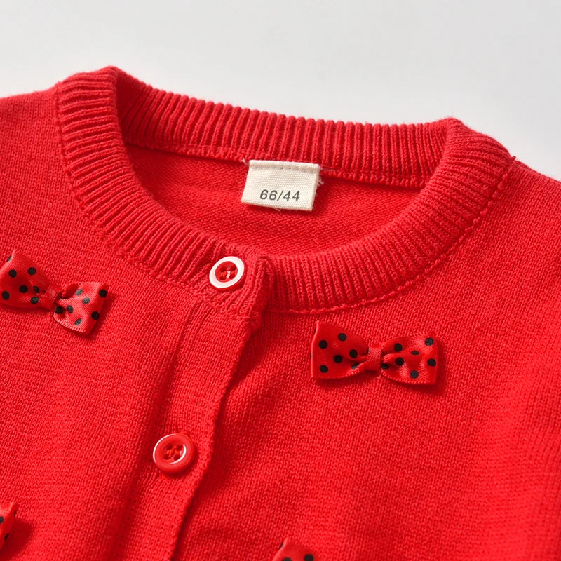 
Factory Wholesale 100% cotton red color princess girl sweater cardigan with bow knot design 