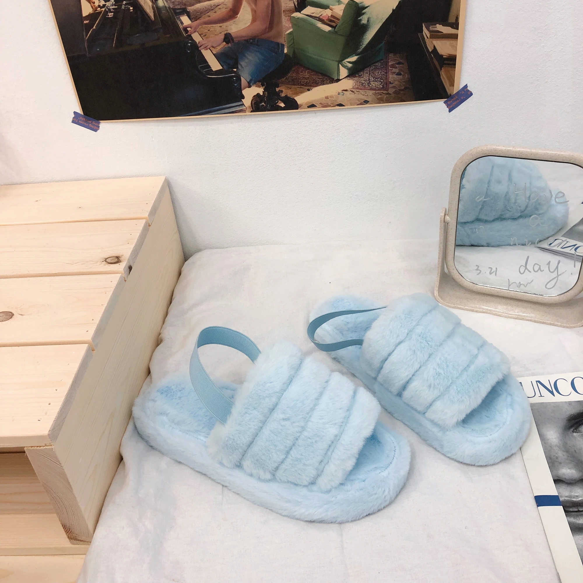 

Winter Fur Sandals Furry Slippers House Shoes New soft Design House Shoes Rabbit Faux Fur Slipper, As picture