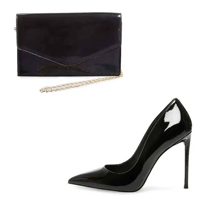 

Wholesale black pu leather ladies high heels fashionable sexy female pumps with fashionable black leather bag