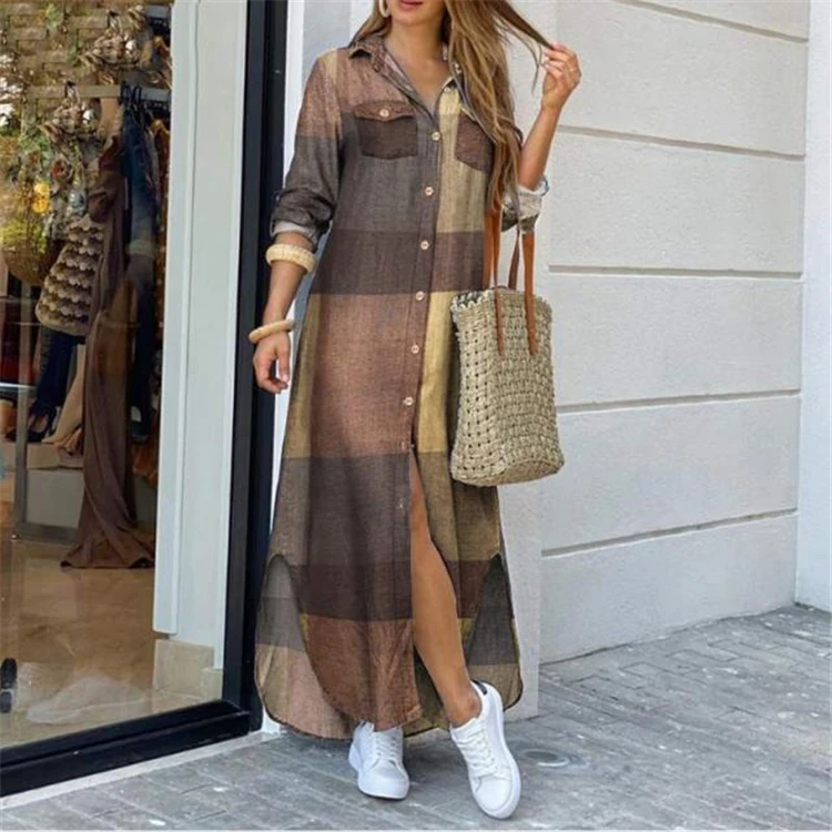

Autumn and winter print single-breasted maxi dress fashion long sleeve women cardigan shirt dress, Picture color