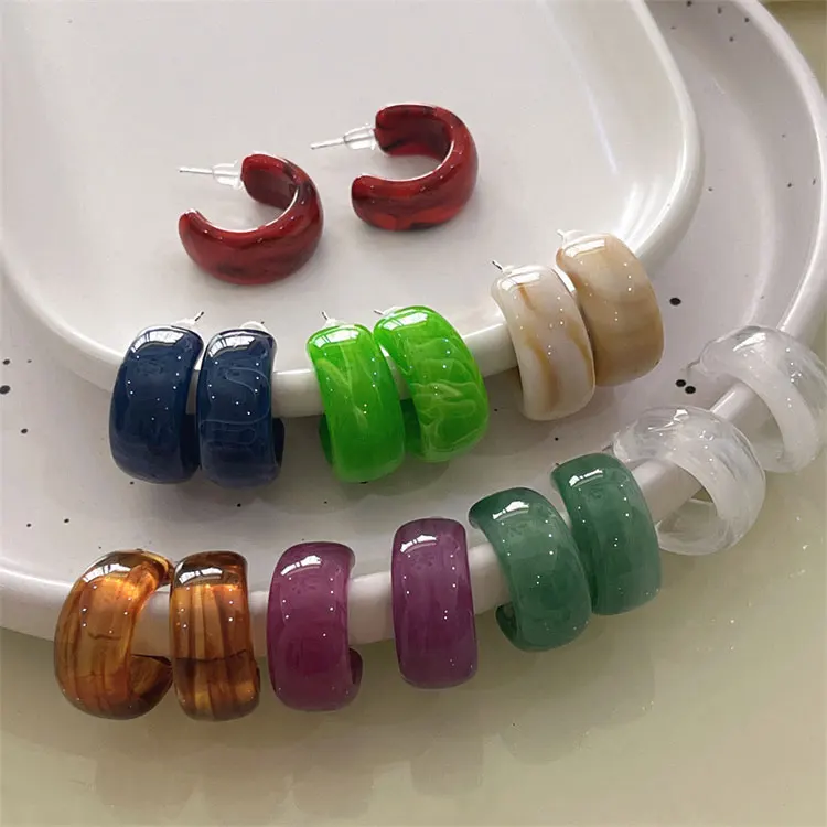 

SC Korean Style Pure Color C Shaped Resin Earrings Women S925 Silver Needle Geometric Opening Semicircle Acrylic Hoop Earrings