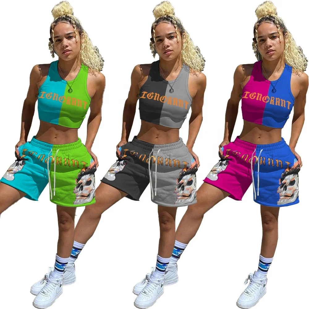 

MT278-6068 Casual Summer Women Patchwork Two Pieces Short Set Fashion Printed Tank Top Short Set Woman Hip Hop Women Set