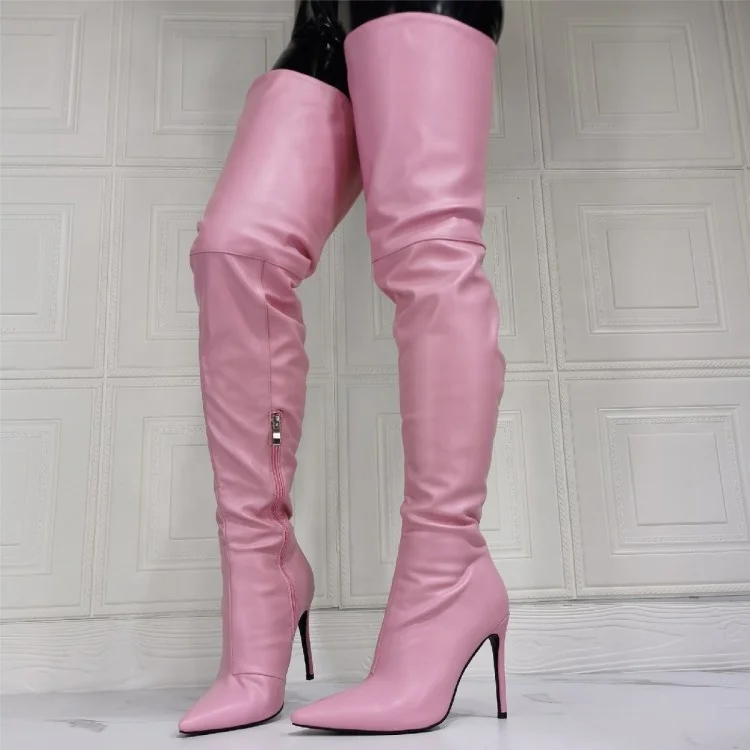 

Big Size 47 Skintight Side Half-zip Solid Pink Women Over Knee High Boots Thin Heel Ladies Pointed Toe Thigh High Long Booties