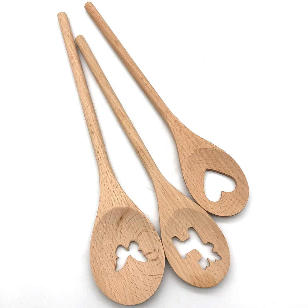 

Customized Logo wood stirring heart shape long wooden spoon Personality Design Hollow Out Wooden Spoon, Natural