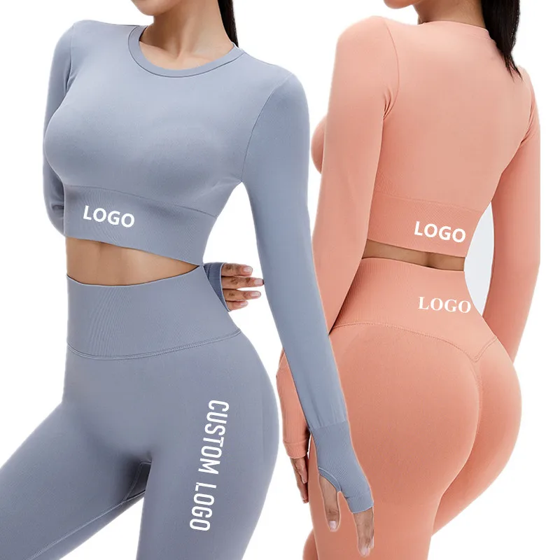 

Autumn Seamless Yoga Suit Fitness Sports 2 Piece Set Women Long Sleeve Crop Top Gym Leggings Workout Sportswear Custom Logo, White black light pink khaki and customization