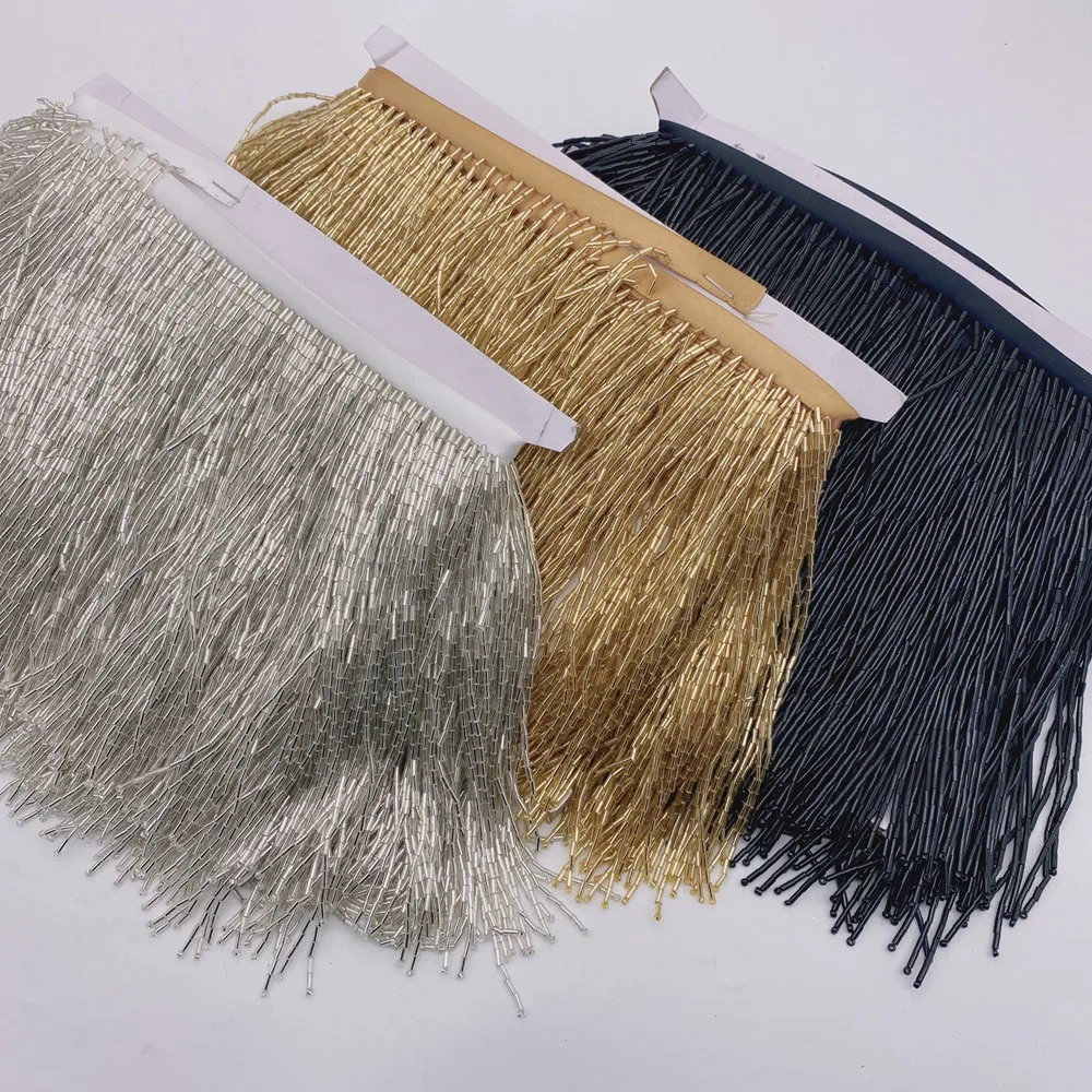 

5yards wholesale 15cm(6inches) heavy Glass Gold Silver and Black color Seed Beaded Fringe Lamp Costume Trim Crafts