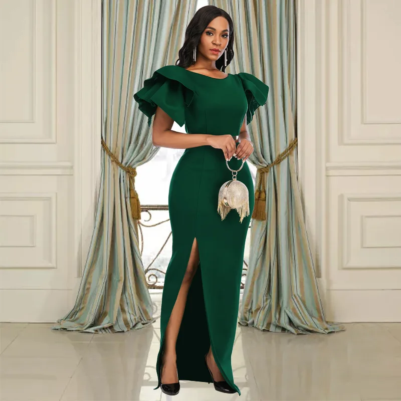 

2020 New style Fall dress Sexy sleeveless high-waisted plus-size slim slit green evening dress women dress, Picture