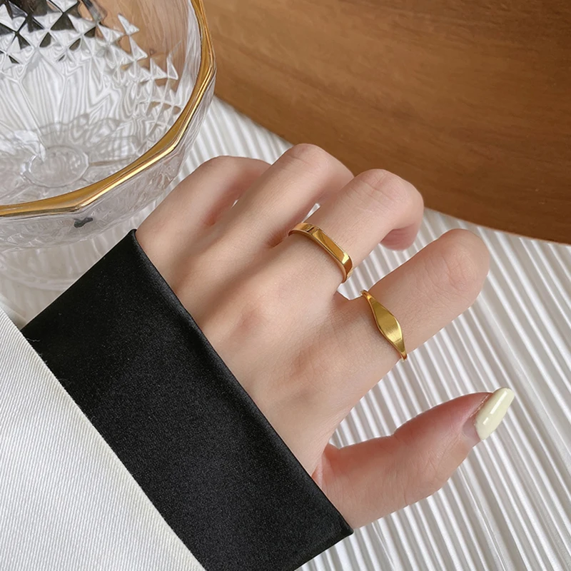 

2 Designs Thin Square Stamp Rings 18K Gold Plated Oval Geometric Rings for Women Plain Minimalist Stainless Steel Jewelry