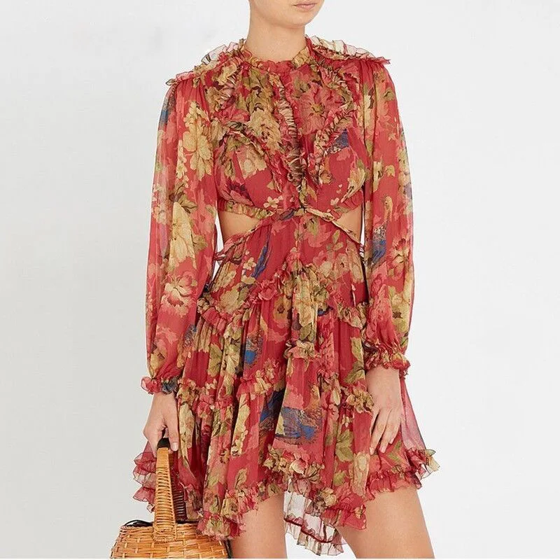 

2019 hot sale Ladies sexy backless tassel boho dress high quality floral printed frills dresses women long sleeve casual dress