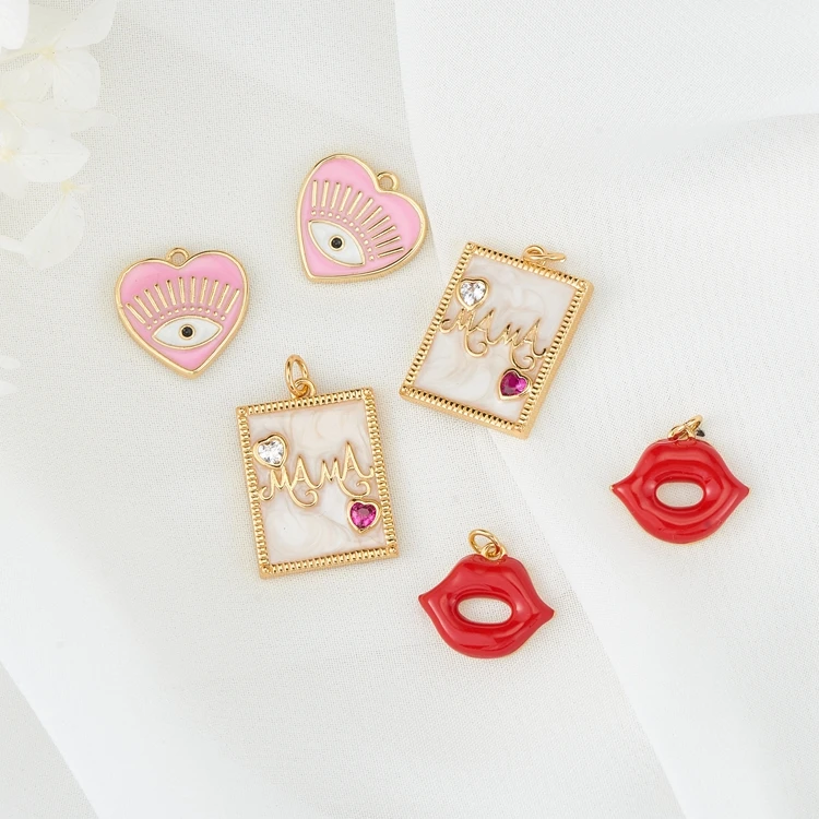 

Fashion Lady Custom Jewelry Brass Pendants 14K Gold Plated Enamel Heart shape Evil Eye Red Lips Charms