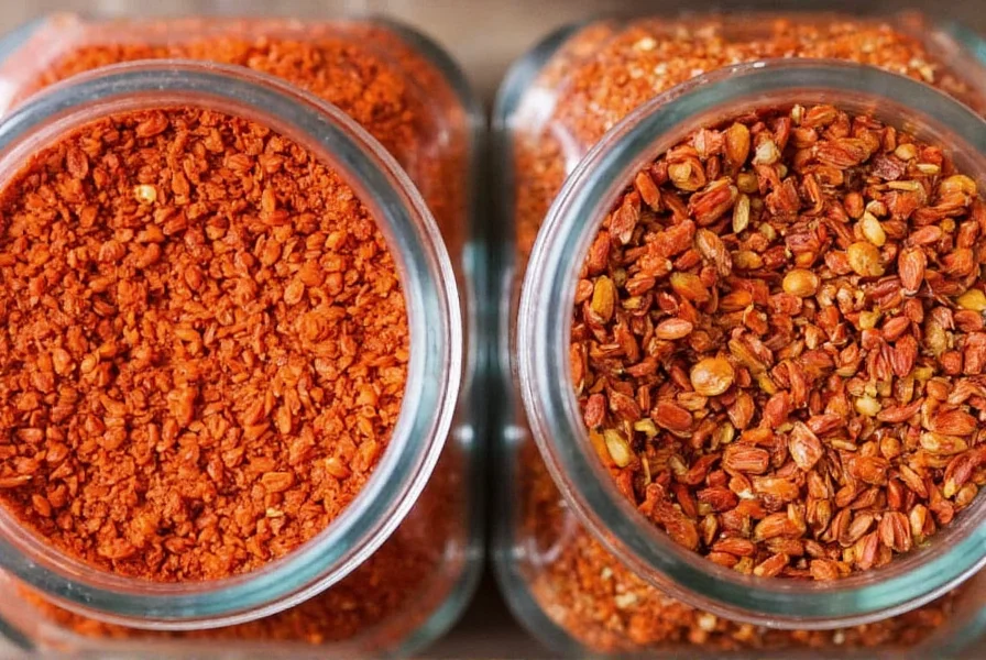 Close-up comparison of crushed red pepper and chili flakes showing nearly identical texture and color in glass spice jars