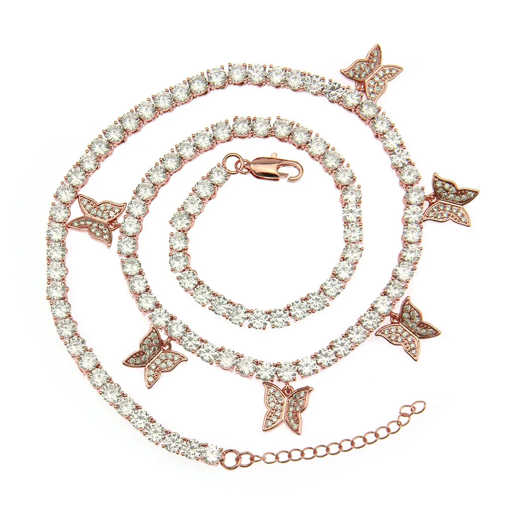 

Hot Selling Cubic Zirconia Tennis Chain Butterfly Necklace Rose Gold Bling Bling Rhinestone Crystal Tennis Butterfly Necklace, Picture color
