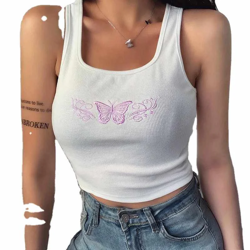 

knitted rib fabric white embroidery crop top for women