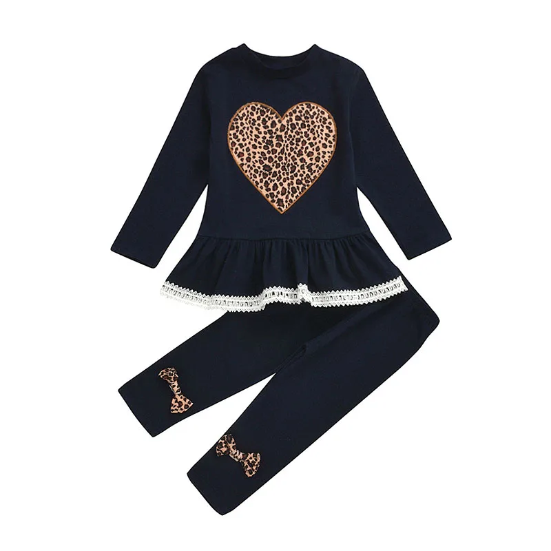 

Black long sleeve leopard heart design lace trim fancy winter children girls clothing sets with bow, As picture show