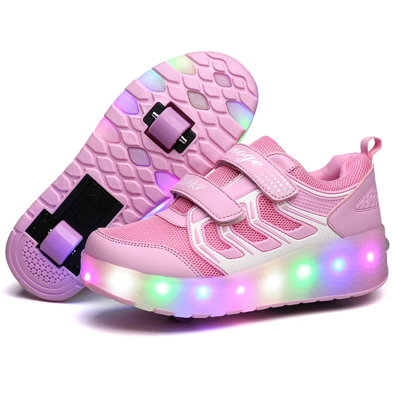 

Wholesale mesh breathable Flashing wing Led shoes with 2 Wheels rechargeable Skate Roller Shoes, Pink,blue,black